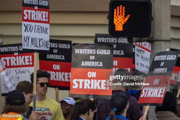 People picket outside of Paramount Pictures studios during the Hollywood writers strike on May 4, 2023 in Los Angeles, California. Scripted TV...