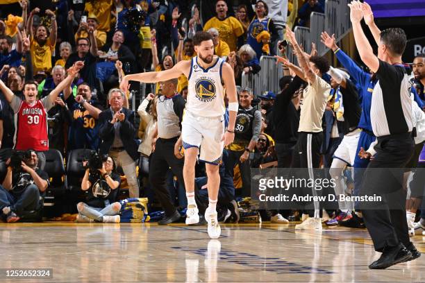 Klay Thompson of the Golden State Warriors celebrates during the game against the Los Angeles Lakers during the Western Conference Semi Finals of the...