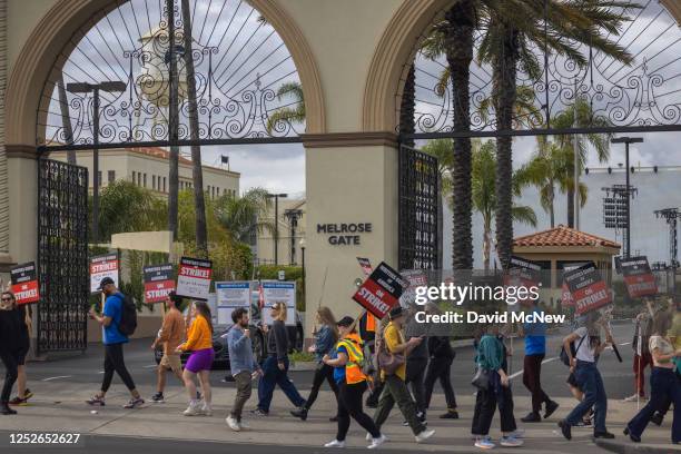 People picket outside of Paramount Pictures studios during the Hollywood writers strike on May 4, 2023 in Los Angeles, California. Scripted TV...