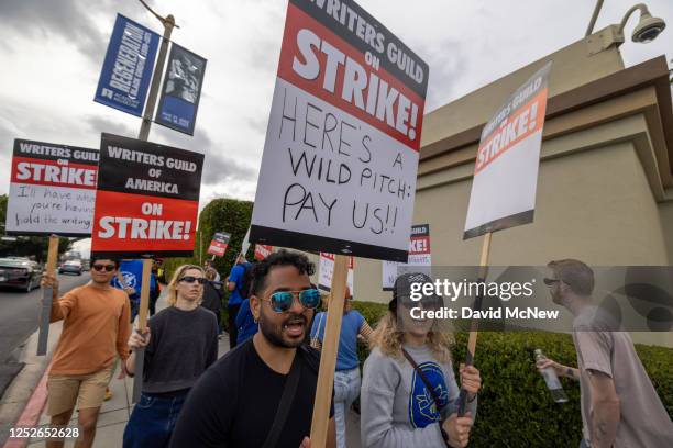 People picket outside of Paramount Pictures studios during the Hollywood writers strike on May 4, 2023 in Los Angeles, California. Scripted TV...