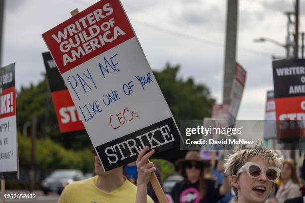 People picket outside of Paramount Pictures studios during the Hollywood writers strike on May 4, 2023 in Los Angeles, California. Scripted TV...