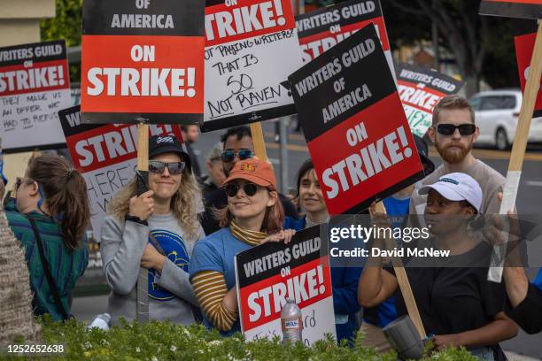 People picket outside of Paramount Pictures studios during the Hollywood writers strike on May 4, 2023 in Los Angeles, California. Scripted TV...