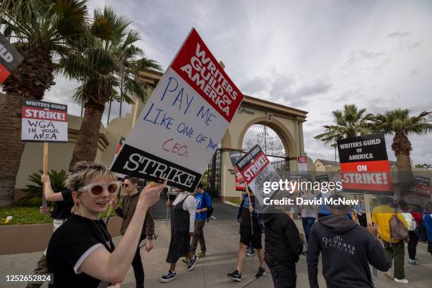 People picket outside of Paramount Pictures studios during the Hollywood writers strike on May 4, 2023 in Los Angeles, California. Scripted TV...