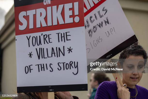 People picket outside of Paramount Pictures studios during the Hollywood writers strike on May 4, 2023 in Los Angeles, California. Scripted TV...