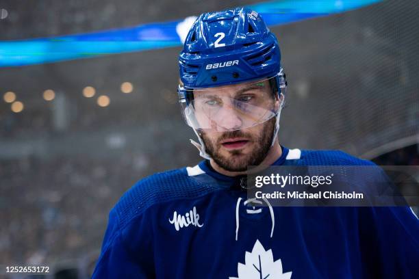 Luke Schenn of the Toronto Maple Leafs looks on against the Florida Panthers in Game Two of the Second Round of the 2023 Stanley Cup Playoffs at the...