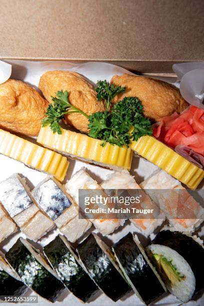 An assortment of sushi offered at Sakae Sushi on Thursday, April 20, 2023 in Gardena, CA. The assortment includes: Inari, Tamago-maki, Ebi,...