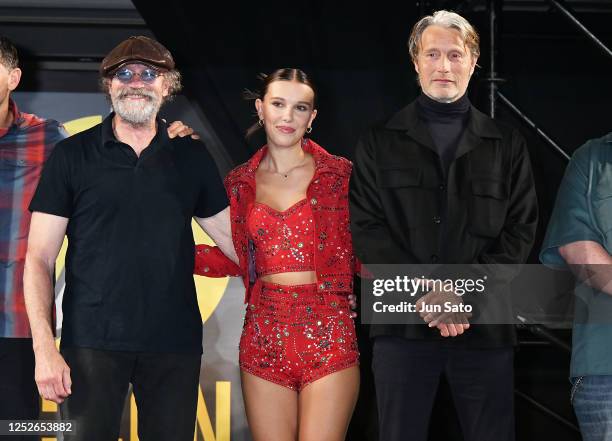 Michael Rooker, Millie Bobby Brown and Mads Mikkelsen attend the opening ceremony for Osaka Comic Con 2023 at the Intex Osaka on May 5, 2023 in...