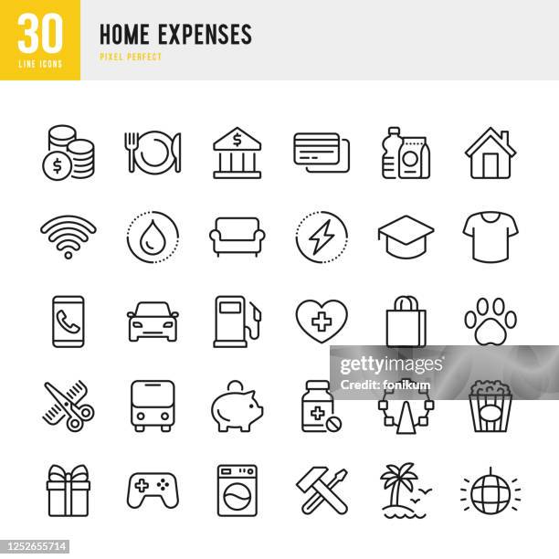 bildbanksillustrationer, clip art samt tecknat material och ikoner med hem utgifter - tunn linje vektor ikonuppsättning. pixel perfekt. uppsättningen innehåller ikoner: home finances, budget, kreditkort, medicin, el, kläder, frisör, internet. - spargris