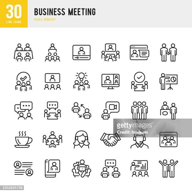 business meeting - dünnlinien-vektorsymbolgesetzt. pixel perfekt. das set enthält symbole: business meeting, web konferenz, teamwork, präsentation, sprecher, fernarbeit, gruppe von menschen. - büro stock-grafiken, -clipart, -cartoons und -symbole