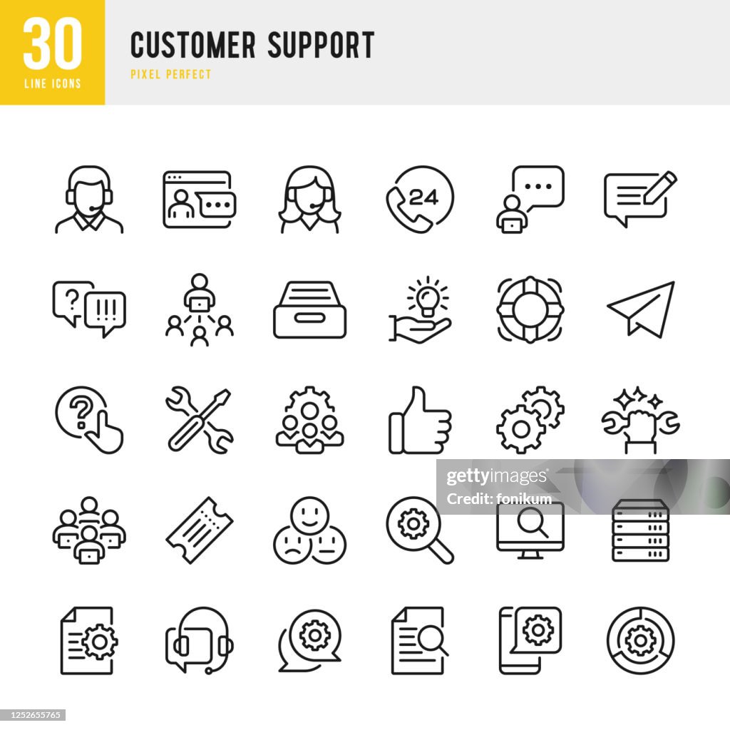 Soporte al cliente - conjunto de iconos vectoriales de línea delgada. Pixel perfecto. El conjunto contiene iconos: Contáctenos, Cinturón de vida, Soporte, Teléfono 24 Horas, Mensajería de texto, Ticket.