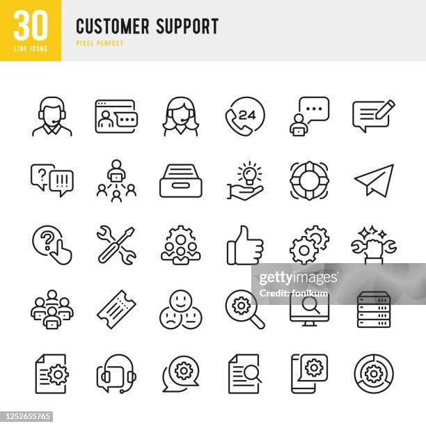 illustrazioni stock, clip art, cartoni animati e icone di tendenza di assistenza clienti - set di icone vettoriali a linea sottile. pixel perfetto. il set contiene icone: contattaci, cintura di vita, supporto, telefono 24 ore su 24, messaggi di testo, ticket. - sostegno morale