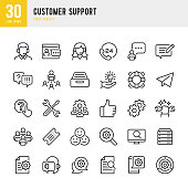 Customer Support - thin line vector icon set. Pixel perfect. The set contains icons: Contact Us, Life Belt, Support, 24 Hrs Telephone, Text Messaging, Ticket.