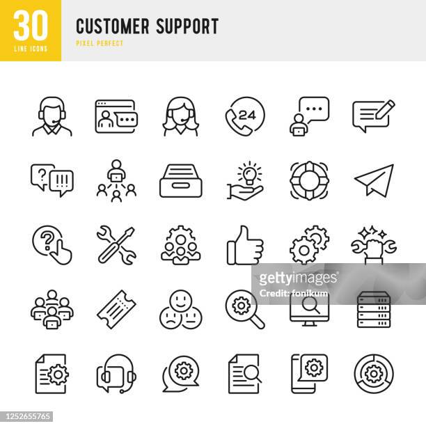 customer support - thin line vector icon set. pixel perfect. the set contains icons: contact us, life belt, support, 24 hrs telephone, text messaging, ticket. - information sign stock illustrations