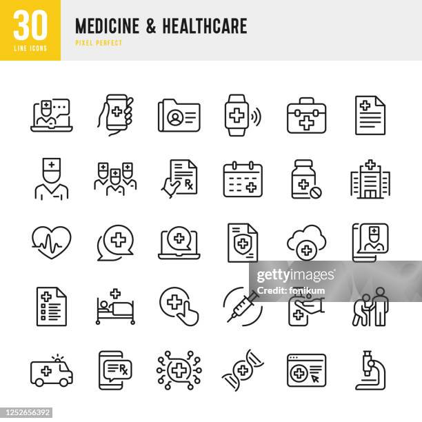 illustrations, cliparts, dessins animés et icônes de médecine et soins de santé - jeu d’icônes vectorielles à ligne mince. pixel parfait. l’ensemble contient des icônes: télémédecine, médecin, aide aux adultes seniors, bouteille de pilule, premiers soins, examen médical, assurance médicale. - geriatrics