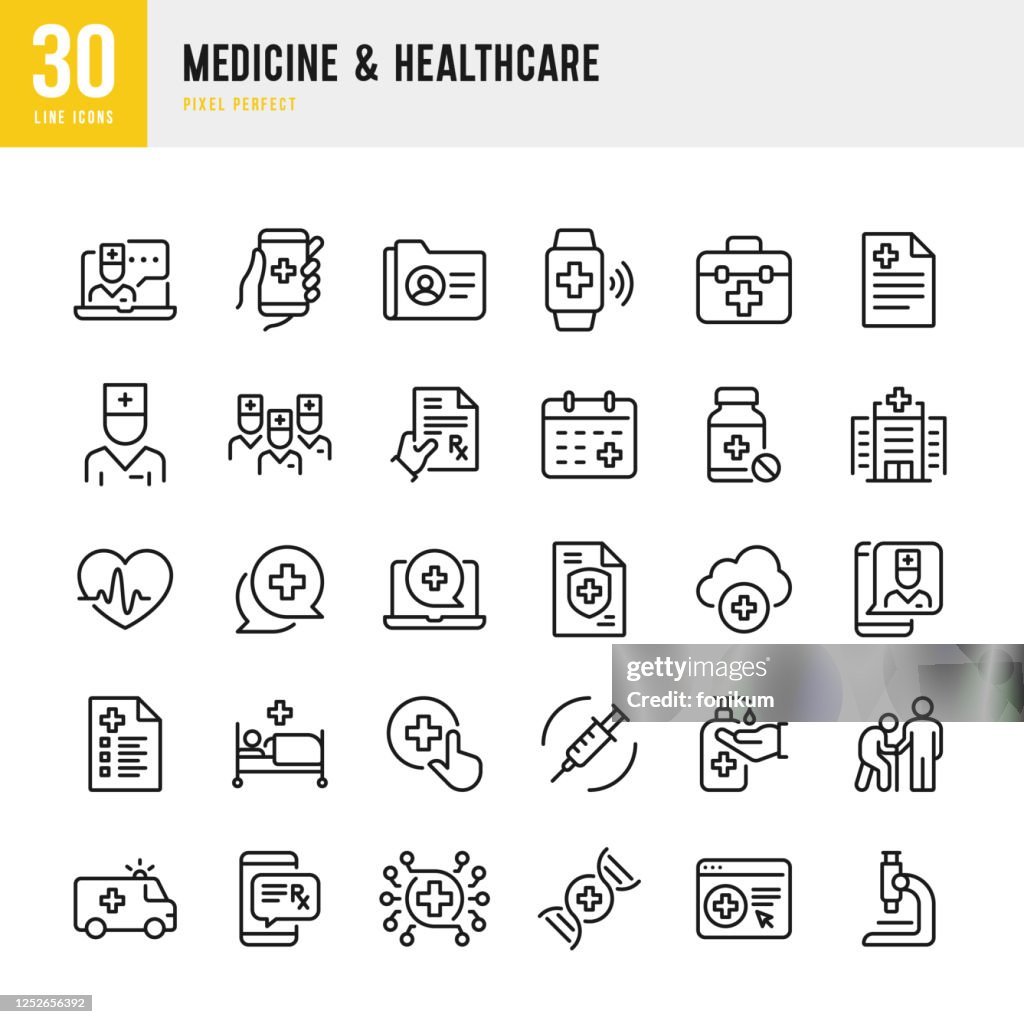 Medicine & Healthcare - set di icone vettoriali a linea sottile. Pixel perfetto. Il set contiene icone: Telemedicina, Dottore, Assistenza per adulti senior, Bottiglia di pillole, Pronto Soccorso, Esame medico, Assicurazione medica.