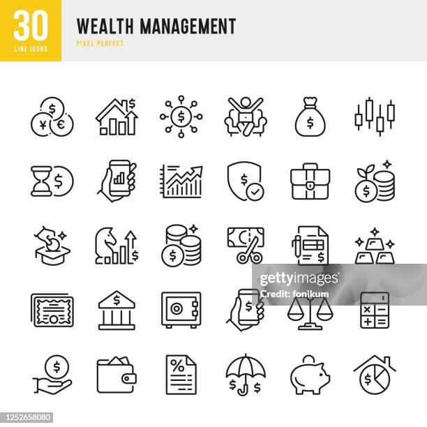 ilustrações, clipart, desenhos animados e ícones de wealth management - conjunto de ícones vetoriais de linha fina. pixel perfeito. o conjunto contém ícones: dados do mercado de ações, ouro, estratégia de negócios, cofrinho, investimento, economia, imposto. - banco edifício financeiro