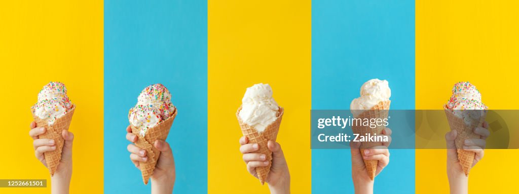 Child holding a vanilla ice cream cone on a bright yellow and blue background. Banner