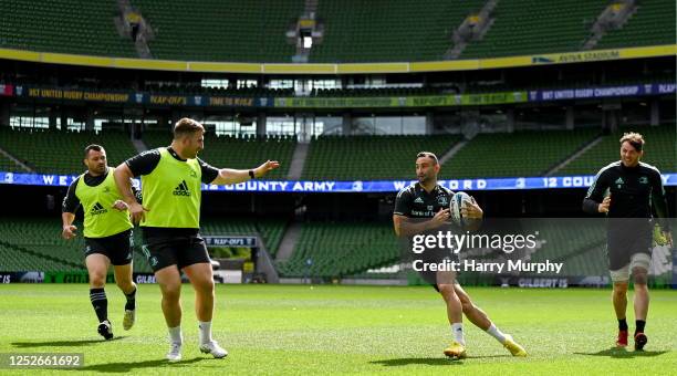 Dublin , Ireland - 5 May 2023; Leinster players, from left, Cian Healy, John McKee, Dave Kearney and Ryan Baird during a Leinster Rugby captain's run...