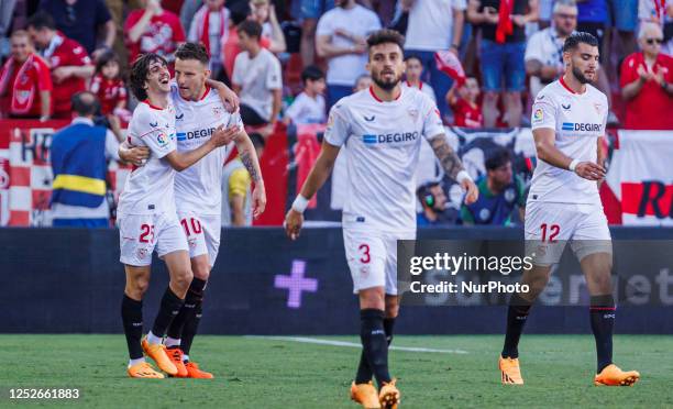Bryan Gil of Sevilla FC celebrates a goal during the La Liga match between Sevilla FC and RCD Espanyol at the Estadio Ramon Sanchez Pizjuan on May 4,...