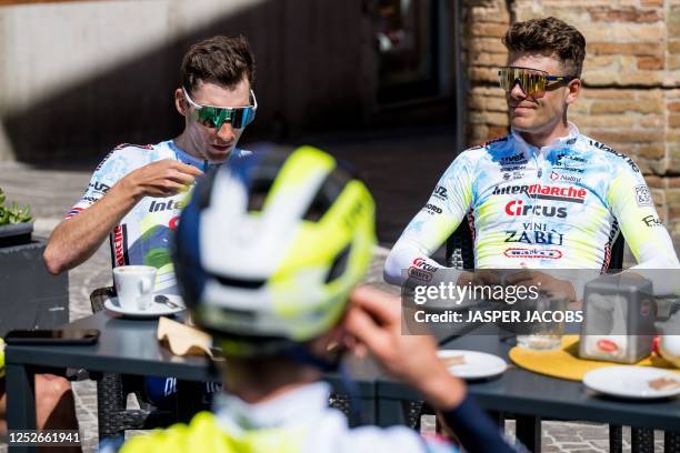 Belgian Arne Marit of Intermarche-Circus-Wanty drinking coffee during preparations ahead of the 2023 Giro D'Italia cycling race, in Atri, in Italy,...