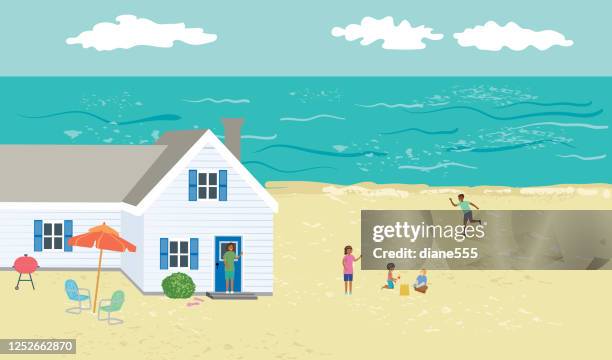 ilustraciones, imágenes clip art, dibujos animados e iconos de stock de una familia de vacaciones en la playa - family beach