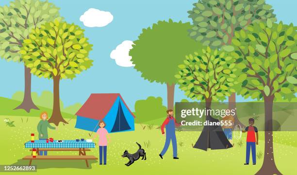 a family camping in the woods - camping kids stock illustrations