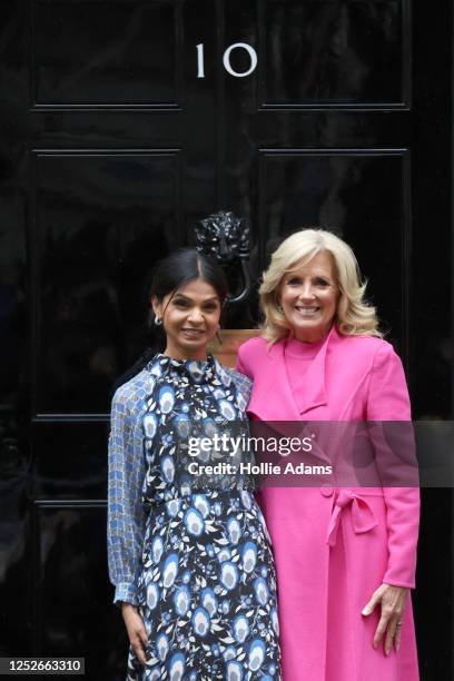 First Lady Jill Biden of the United States meets Akshata Murty, wife of British Prime Minister Rishi Sunak at number 10 Downing Street on May 5, 2023...