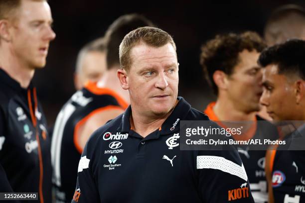 Michael Voss, Senior Coach of the Blues is seen during the 2023 AFL Round 08 match between the Carlton Blues and the Brisbane Lions at Marvel Stadium...