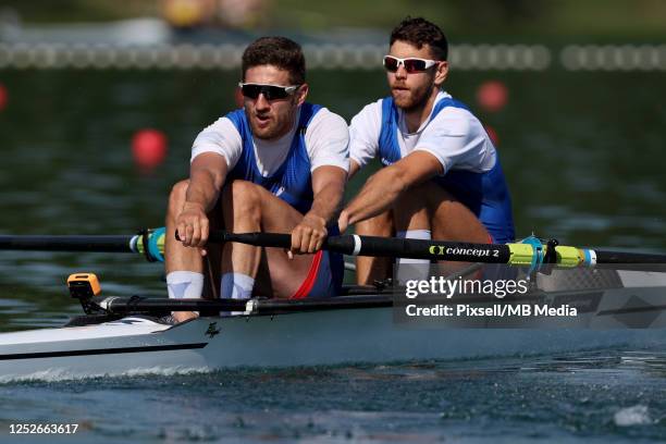 Martin Mackovic and Milos Vasic of Serbia compete during World Rowing Cup 2023 Men's Pair Heat 2 race on May 5, 2023 in Zagreb, Croatia.