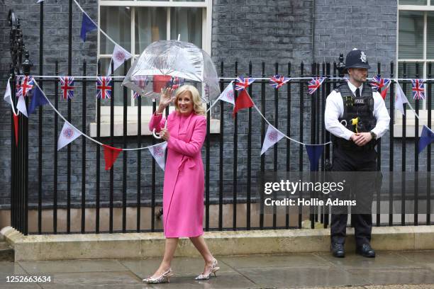 First Lady Jill Biden of the United States arrives to meet Akshata Murty, wife of British Prime Minister Rishi Sunak at number 10 Downing Street on...