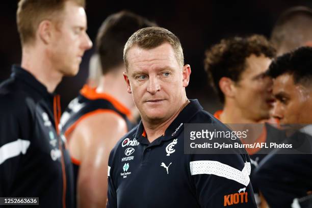 Michael Voss, Senior Coach of the Blues is seen during the 2023 AFL Round 08 match between the Carlton Blues and the Brisbane Lions at Marvel Stadium...