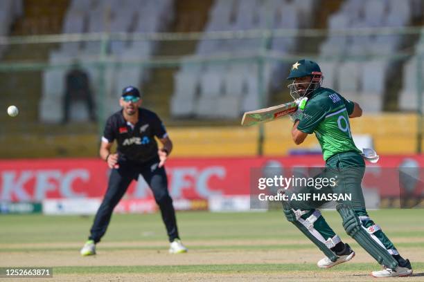 Pakistan's Shan Masood plays a shot during the fourth one-day international cricket match between Pakistan and New Zealand at the National Stadium in...