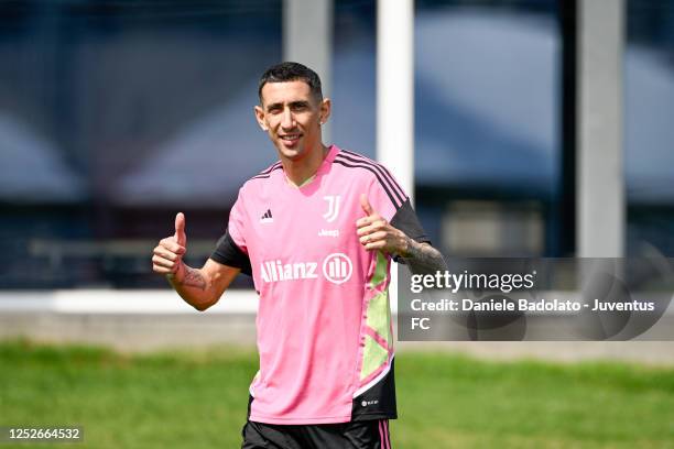 Angel Di Maria of Juventus during a training session at JTC on May 5, 2023 in Turin, Italy.