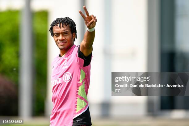 Juan Cuadrado of Juventus during a training session at JTC on May 5, 2023 in Turin, Italy.