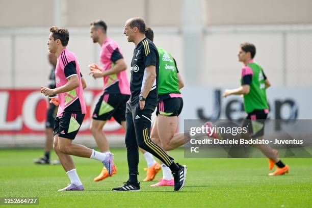 Massimiliano Allegri of Juventus during a training session at JTC on May 5, 2023 in Turin, Italy.