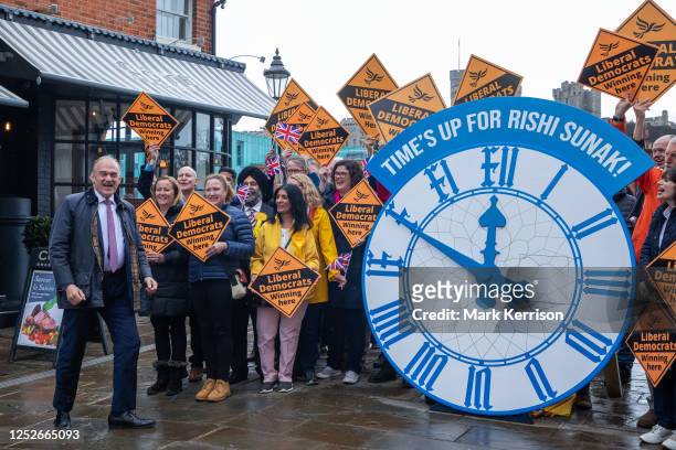 Liberal Democrat leader Ed Davey celebrates the party having taken control of the Royal Borough of Windsor and Maidenhead council with newly elected...