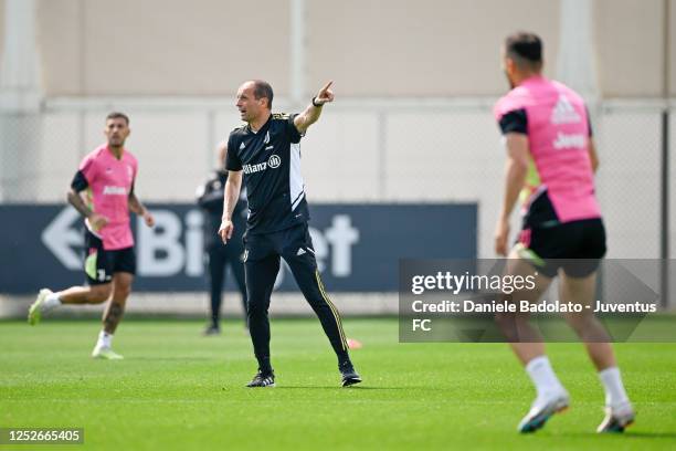 Massimiliano Allegri of Juventus during a training session at JTC on May 5, 2023 in Turin, Italy.