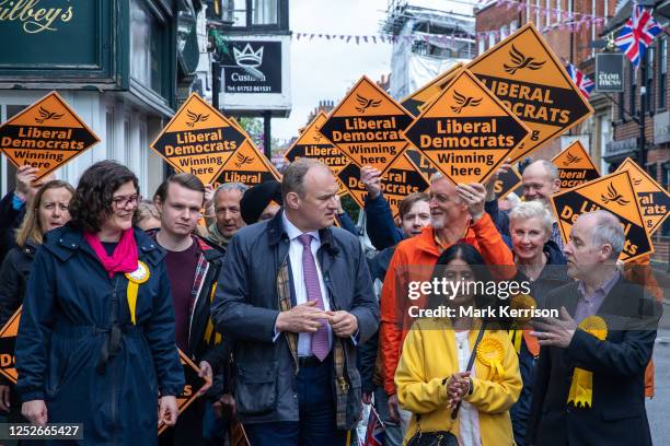 Liberal Democrat leader Ed Davey walks along Eton High Street with newly elected Liberal Democrat councillors and campaigners to celebrate the party...