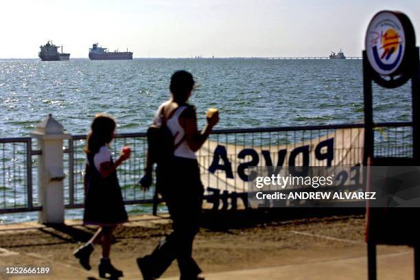 Civilians watch as oil tankers are at sea in protest in Maracaibo, Venezuela 08 December 2002. Una mujer y una niña observan los buques petroleros...