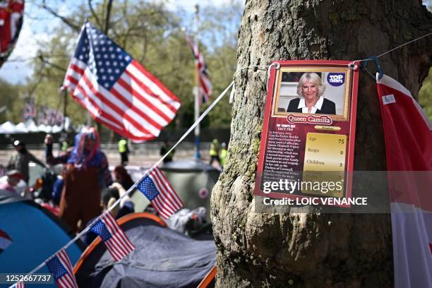 Camilla Top Trumps card is seen pinned to a tree on The Mall near to Buckingham Palace in central London, on May 5 ahead of the coronation weekend.