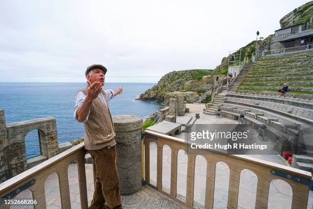 Actor Mark Harandon rehearsing alone at the open air Minack Theatre set in to the cliffs at Porthcurno, on June 26, 2020 in Cornwall, United Kingdom....