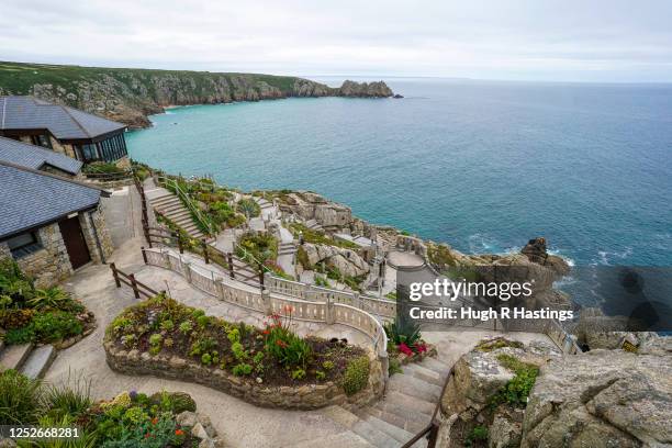 General View of the open air Minack Theatre set in to the cliffs at Porthcurno, on June 26, 2020 in Cornwall, United Kingdom. Actors who work...