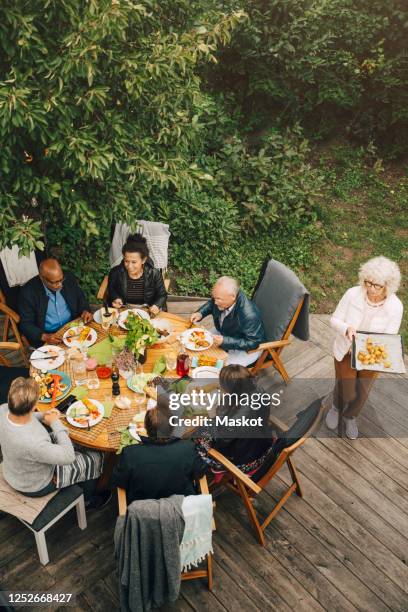high angle view of woman serving meal to senior friends sitting at dining table during garden party at back yard - dinner on the deck stock pictures, royalty-free photos & images