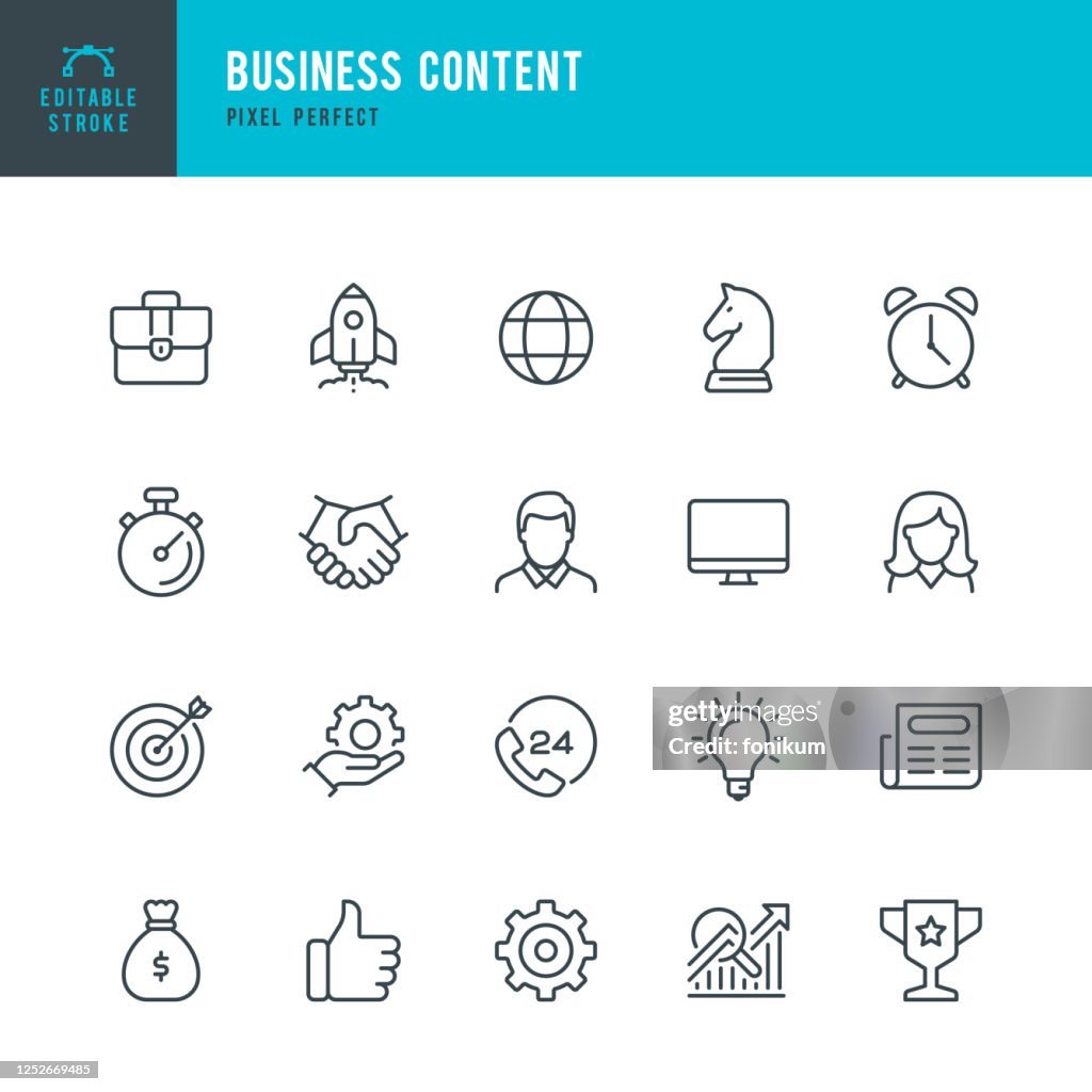 Business Content - Thin Line-Vektor-Symbol-Set. Pixel perfekt. Bearbeitbarer Strich. Das Set enthält Symbole: Startup, Geschäftsstrategie, Datenanalyse, Budget, Ziel, Auszeichnung, Portfolio, Mann, Frauen, Idee, Kontakt.