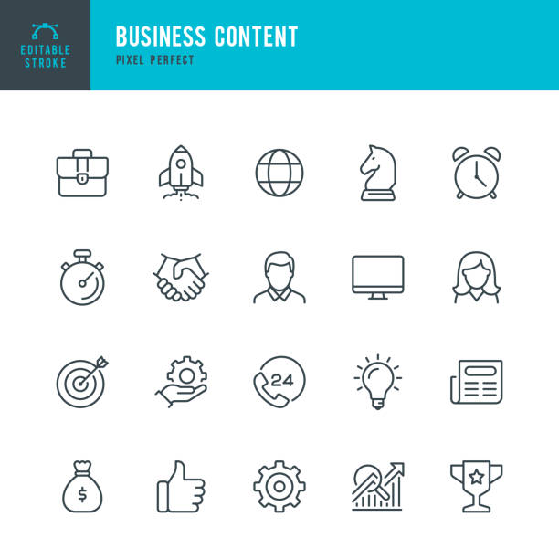 Business Content - thin line vector icon set. Pixel perfect. Editable stroke. The set contains icons: Startup, Business Strategy, Data Analysis, Budget, Target, Award, Portfolio, Man, Women, Idea, Contact Us.