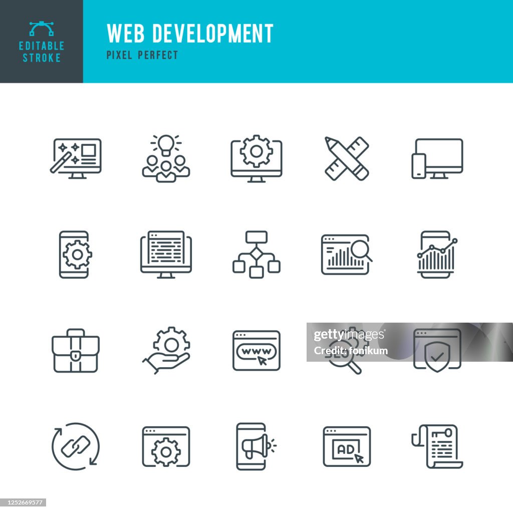 Web Development - thin line vector pictogram set. Pixel perfect. Bewerkbare lijn. De set bevat pictogrammen: Web Design, Data Analyzing, Codeding, SEO, Portfolio, Webpagina, Creative Occupation.