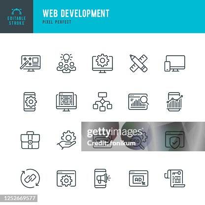 Web Development - thin line vector pictogram set. Pixel perfect. Bewerkbare lijn. De set bevat pictogrammen: Web Design, Data Analyzing, Codeding, SEO, Portfolio, Webpagina, Creative Occupation. Web Development - thin line vector pictogram set. Pixel perfect. Bewerkbare lijn. De set bevat pictogrammen: Web Design, Data Analyzing, Codeding, SEO, Portfolio, Webpagina, Creative Occupation.