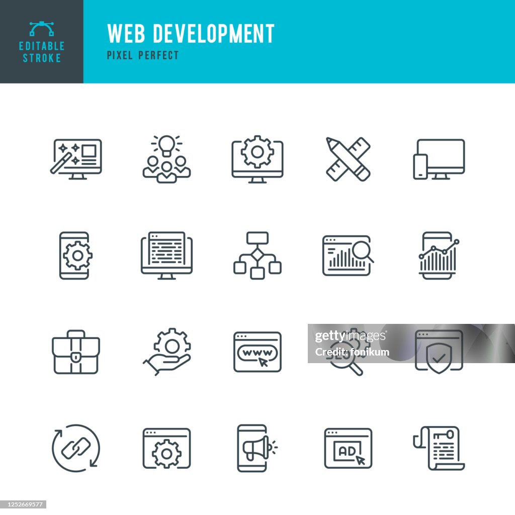Desenvolvimento da Web - conjunto de ícones vetoriais de linha fina. Pixel perfeito. Golpe editável. O conjunto contém ícones: Web Design, Análise de Dados, Codificação, SEO, Portfólio, Página Web, Ocupação Criativa.