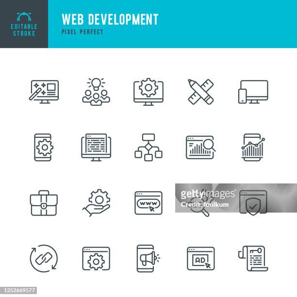 web development - thin line vector icon set. pixel perfect. editable stroke. the set contains icons: web design, data analyzing, coding, seo, portfolio, web page, creative occupation. - graphical user interface stock illustrations