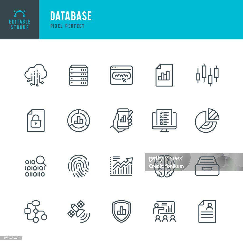 DATABASE - conjunto de iconos vectoriales de línea delgada. Pixel perfecto. Trazo editable. El conjunto contiene iconos: Big Data, Datos biométricos, Análisis, Diagrama, Datos personales, Computación en la nube, Archivo, Datos del mercado de valores, C